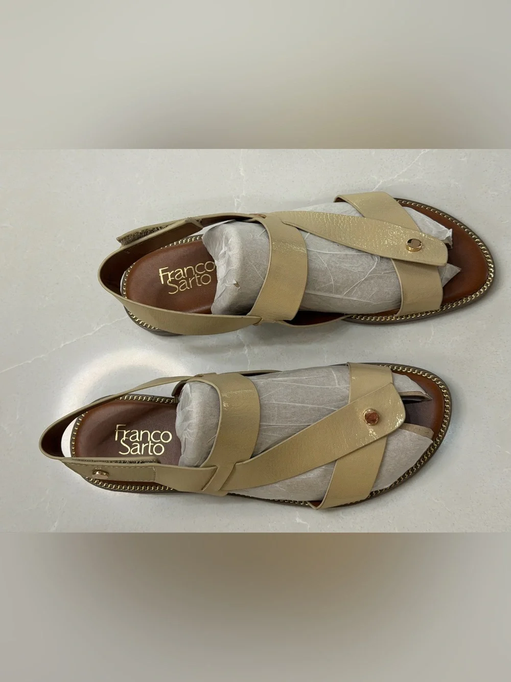 Franco Sarto Glenni Sparkle Cream Strappy Ankle Strap Flat Gold Hardware, 8